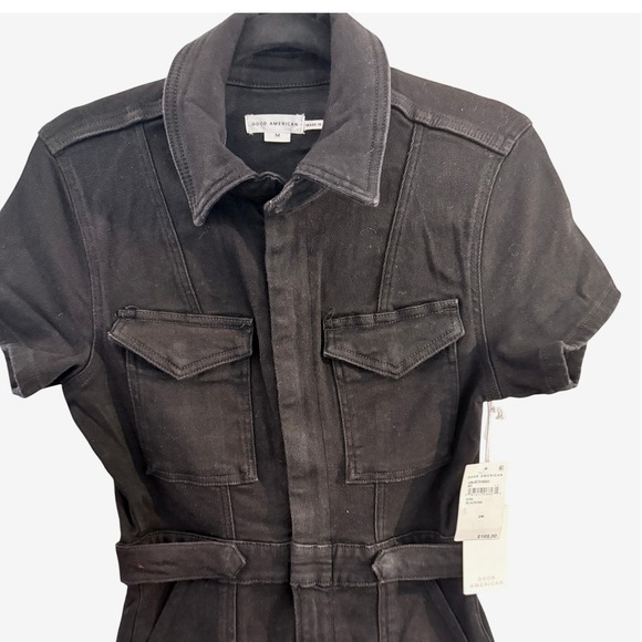 Good American Black Denim Short Sleeve Utility Jumpsuit Belted Zip Front Size M - Picture 11 of 15